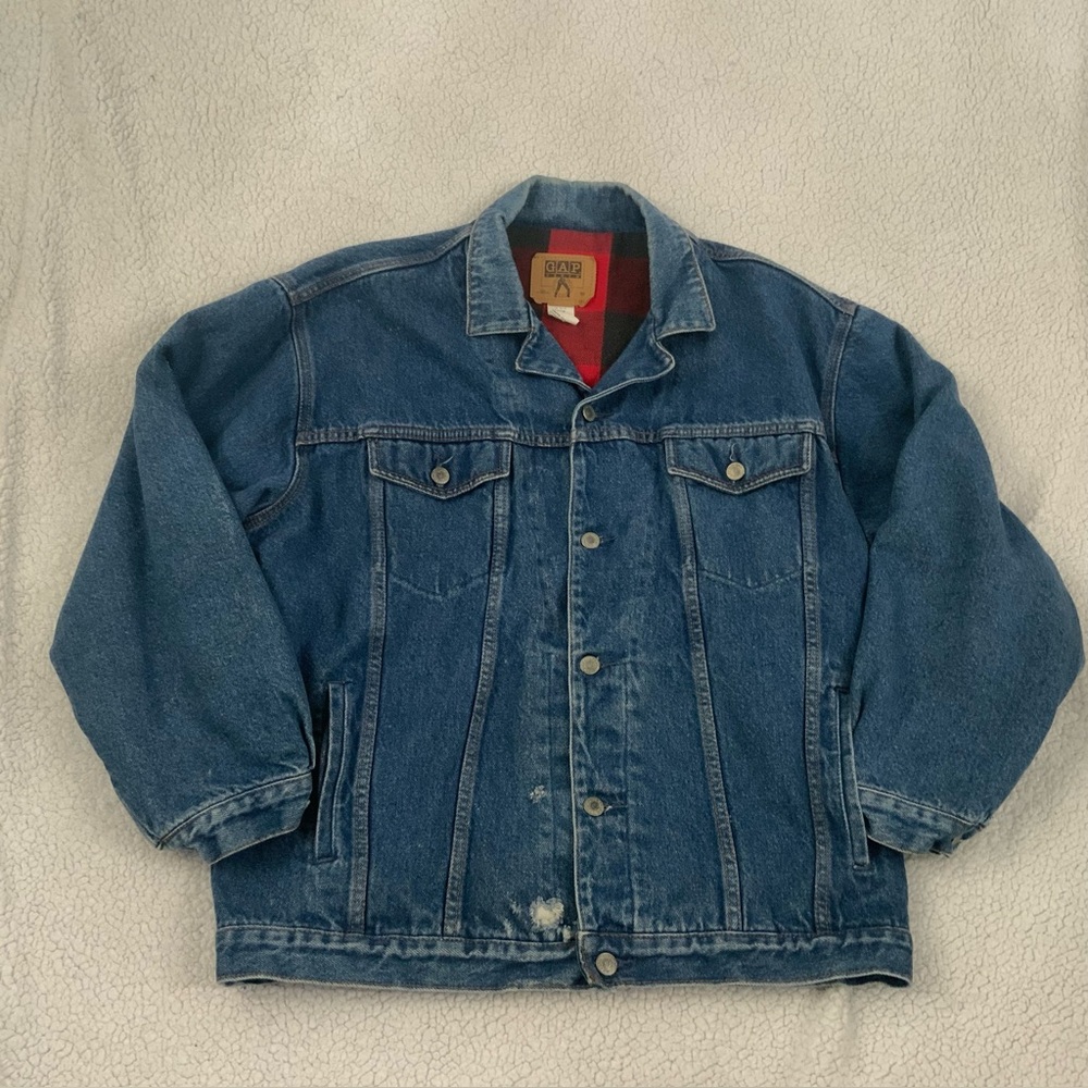 Vintage Gap Jean Jacket Plaid Lined Men's Medium Made In The USA Blue Denim Y2K